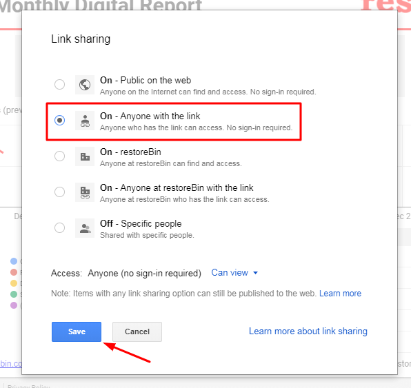 Data Studio Sharing: ON - Anyone with the Link