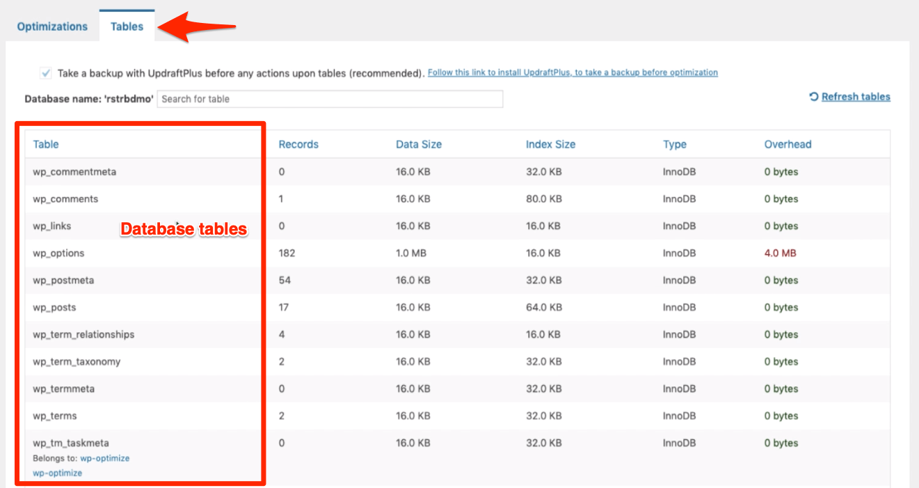 Database tables - WP-Optimize Plugin