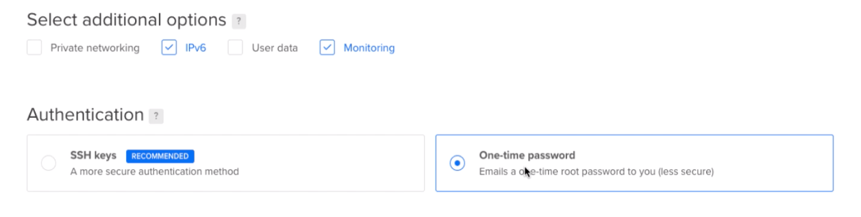 DigitalOcean Additional options and Authentication for Droplet Creation