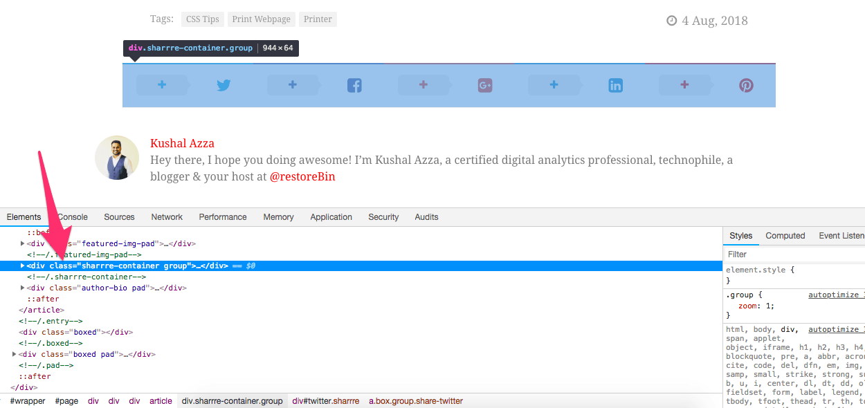 Element Selections in Developer mode in chrome