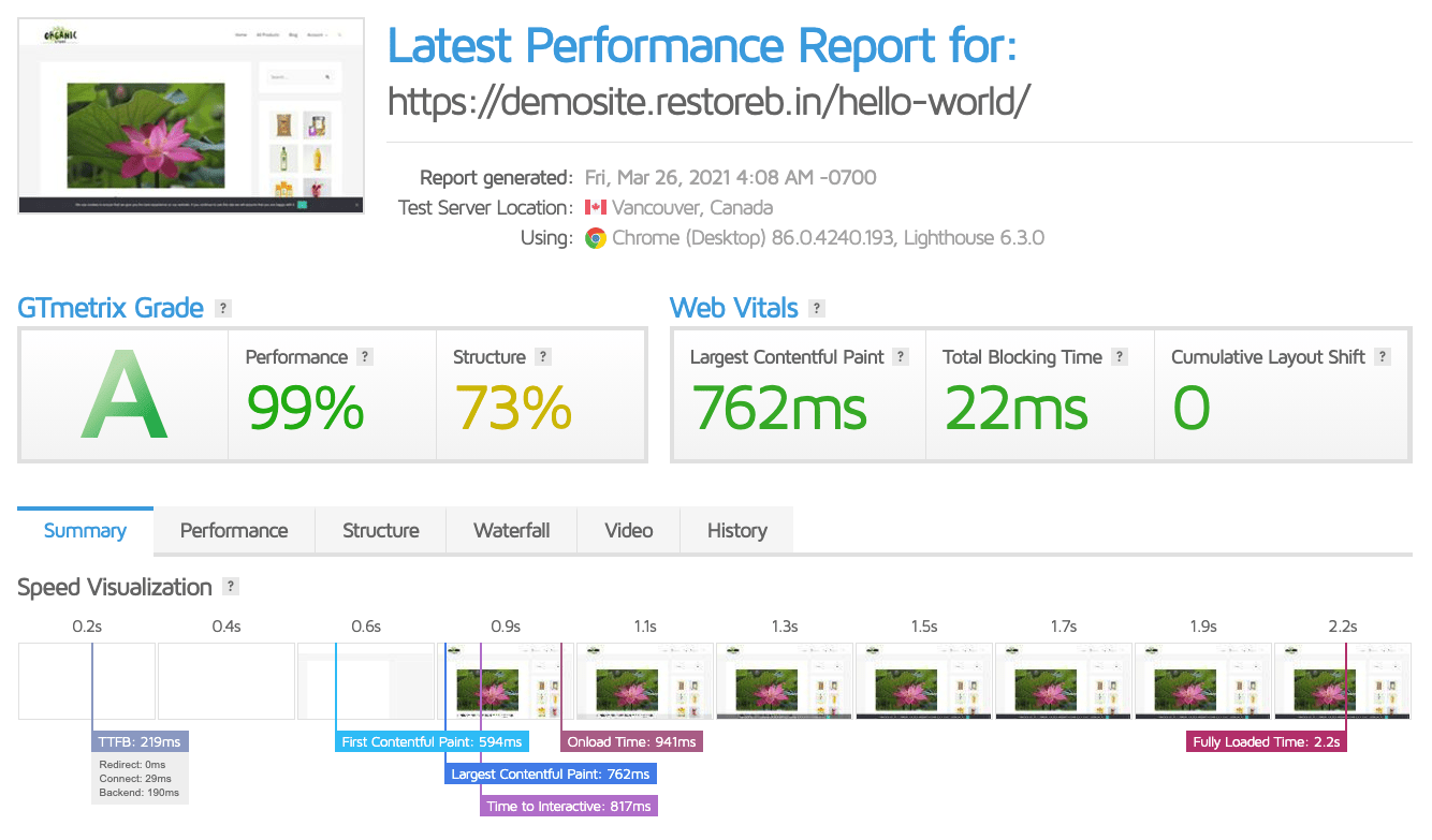 GTmetrix Performance Result for SSD storage on GCP