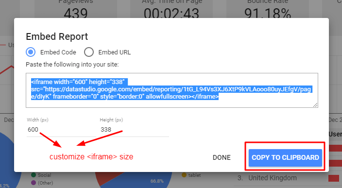 Google Data Studio Embed Width Height Snippet