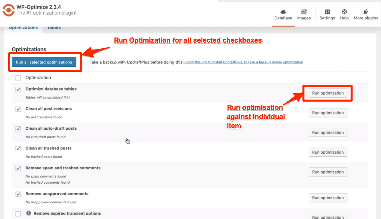 Run Manual Database Optimization Clean up in WP-Optimize