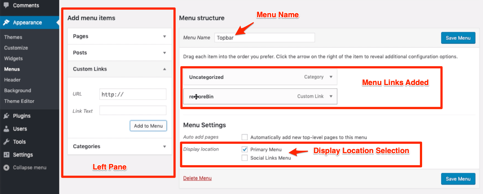 WordPress Appearance Menu List