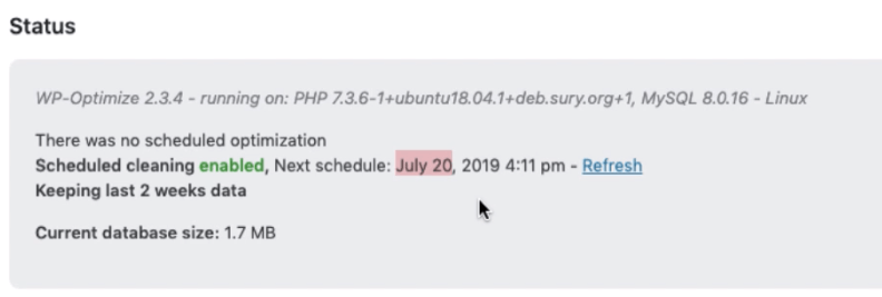database clean up schedule enabled in WordPress WP-Optimize plugin