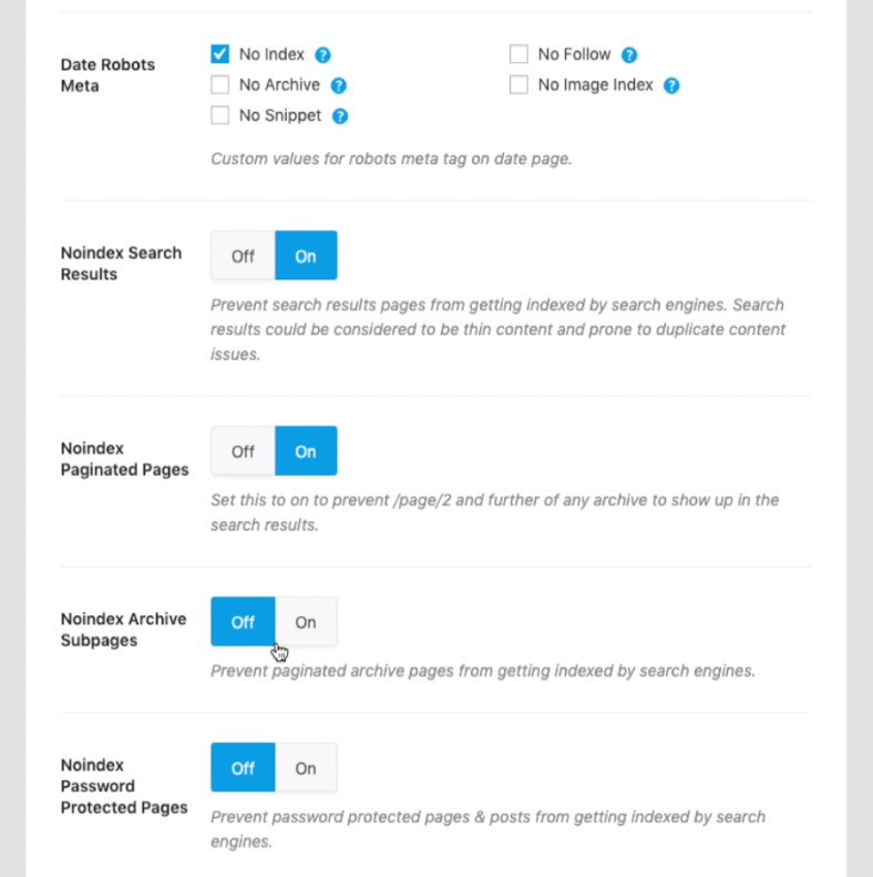 noindex different page types in Rank Math