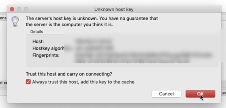 trust this host and add this server key in FileZilla
