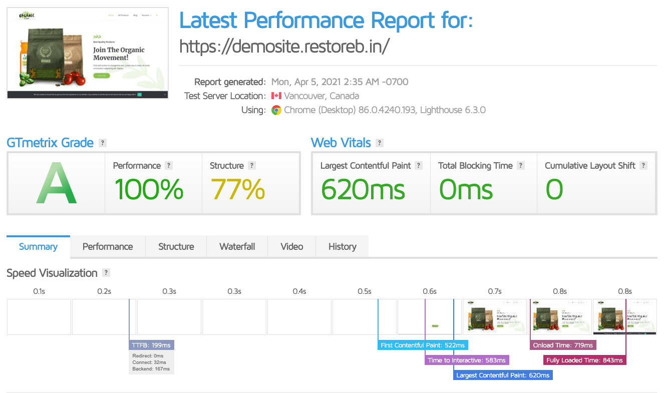 GTMetrix Test Results for WooCommerce Demo Site