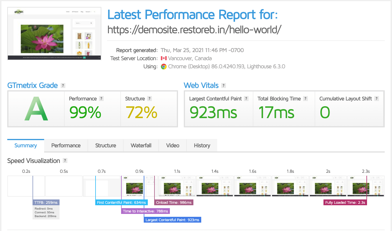 GTmetrix Performance Result for HDD storage on GCP